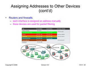 Assigning Addresses to Other Devices (cont’d) Routers and firewalls each interface is assigned an address manually these devices are used for packet filtering Ch 6 -  