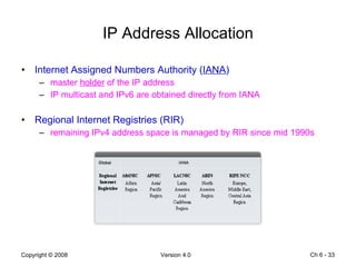 IP Address Allocation Internet Assigned Numbers Authority ( IANA ) master  holder  of the IP address IP multicast and IPv6 are obtained directly from IANA Regional Internet Registries (RIR) remaining IPv4 address space is managed by RIR since mid 1990s Ch 6 -  