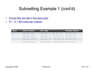 Subnetting Example 1 (cont’d) 6 host bits are left in the last octet 2 6  – 2 = 62 hosts per subnet Ch 6 -  