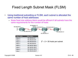 Fixed Length Subnet Mask (FLSM) Using traditional subnetting or FLSM, each subnet is allocated the same number of host addresses these fixed size address block would be efficient if all subnets have the same requirements for the number of hosts Ch 6 -  2 5  – 2 = 30 hosts per subnet 