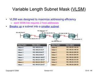 Variable Length Subnet Mask ( VLSM ) VLSM was designed to maximize addressing efficiency each WAN link requires 2 host addresses Breaks up  a subnet into a  smaller subnet Ch 6 -  
