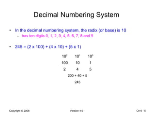 Decimal Numbering System   In the decimal numbering system, the radix (or base) is 10 has ten digits 0, 1, 2, 3, 4, 5, 6, 7, 8 and 9 245 = (2 x 100) + (4 x 10) + (5 x 1) Ch 6 -  10 2 10 1 10 0 100 10 1 2 4 5 200 + 40 + 5 245 