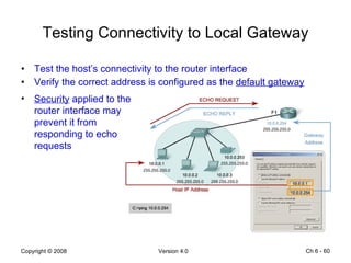 Testing Connectivity to Local Gateway Test the host’s connectivity to the router interface Verify the correct address is configured as the  default gateway Ch 6 -  Security  applied to the router interface may prevent it from responding to echo requests 