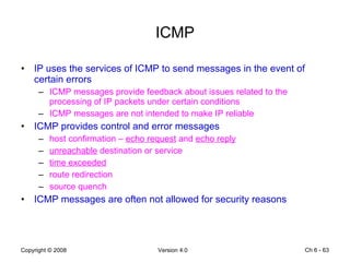 ICMP IP uses the services of ICMP to send messages in the event of certain errors ICMP messages provide feedback about issues related to the processing of IP packets under certain conditions ICMP messages are not intended to make IP reliable ICMP provides control and error messages host confirmation –  echo request  and  echo reply unreachable  destination or service time exceeded route redirection source quench ICMP messages are often not allowed for security reasons Ch 6 -  