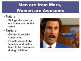Men are from Mars,  Women are Awesome Nature Biologically speaking, our brains are not the same Nurture Gender is socially constructed Females learn to be feminine and males learn to be masculine during childhood http://www.entertonement.com/clips/cgnjzhbhpz--Anchorman-The-Legend-of-Ron-Burgundy-Will-Ferrell-Ron-Burgundy-It's-Science 
