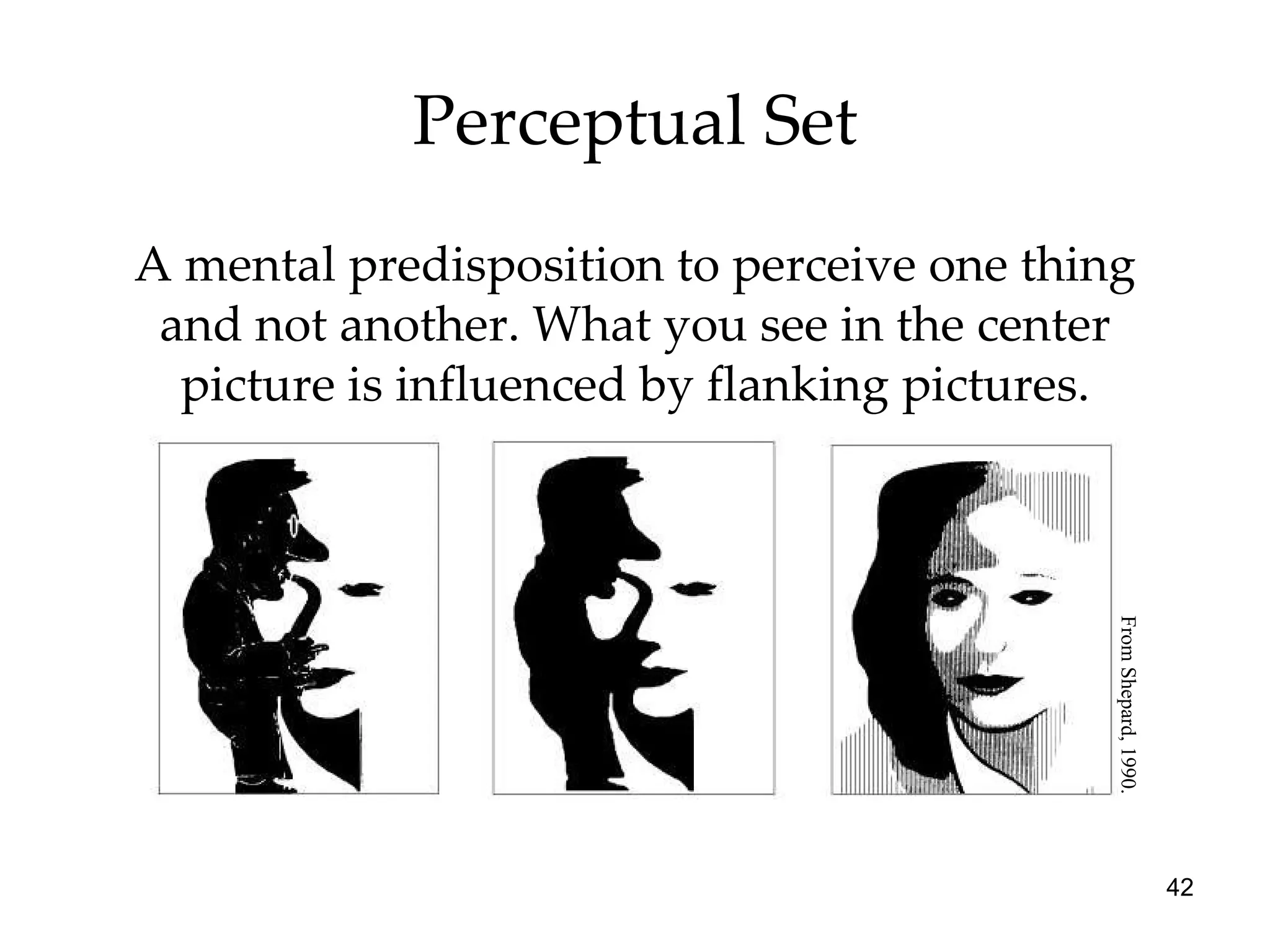 Perceptual Set A mental predisposition to perceive one thing and not another. What you see in the center picture is influenced by flanking pictures. From Shepard, 1990. 