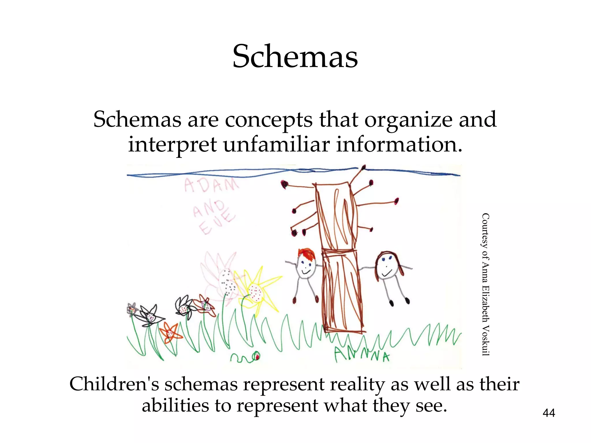 Schemas Children's schemas represent reality as well as their abilities to represent what they see. Schemas are concepts that organize and interpret unfamiliar information. Courtesy of Anna Elizabeth Voskuil 