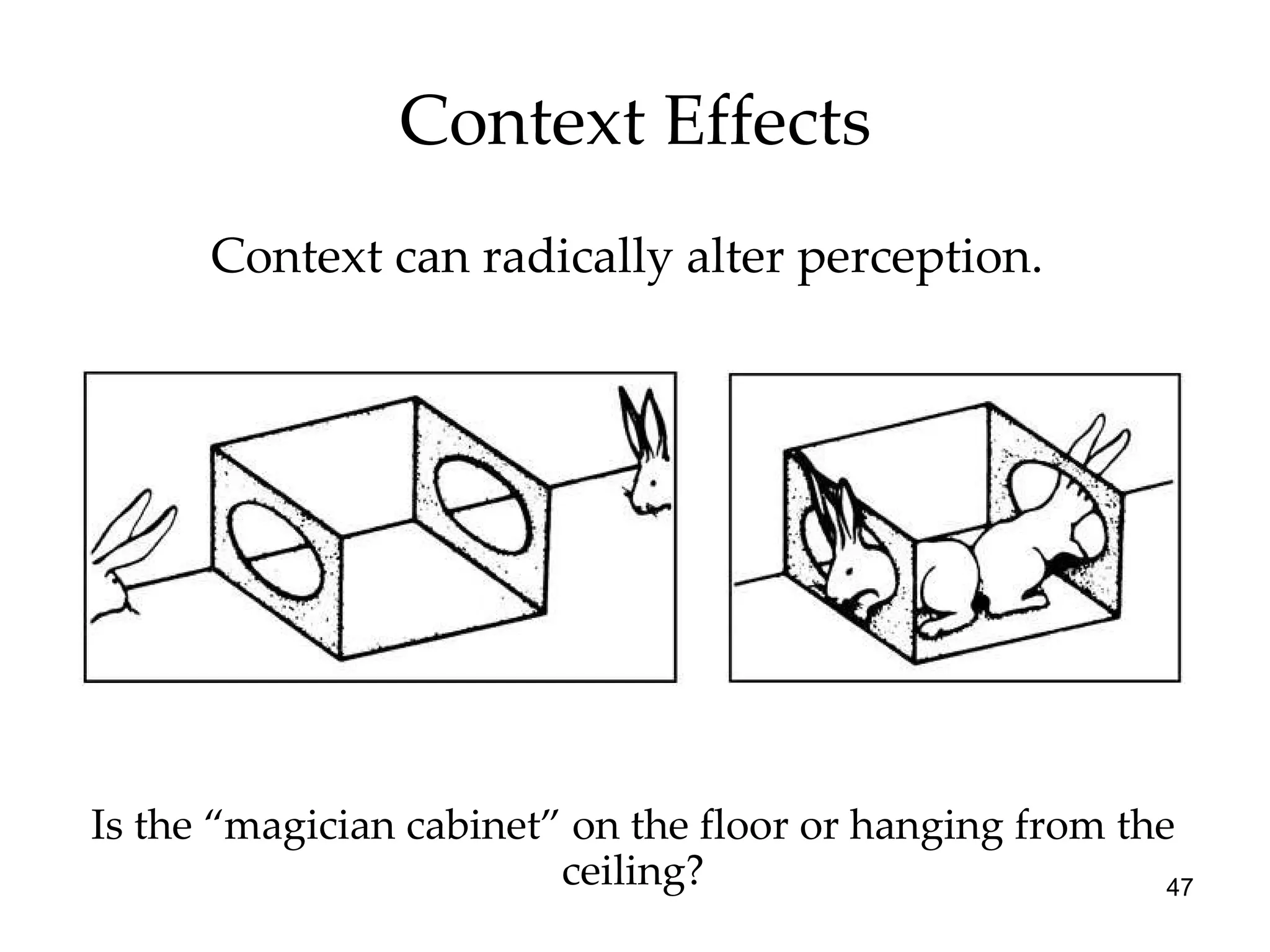 Context Effects Is the “magician cabinet” on the floor or hanging from the ceiling? Context can radically alter perception.  