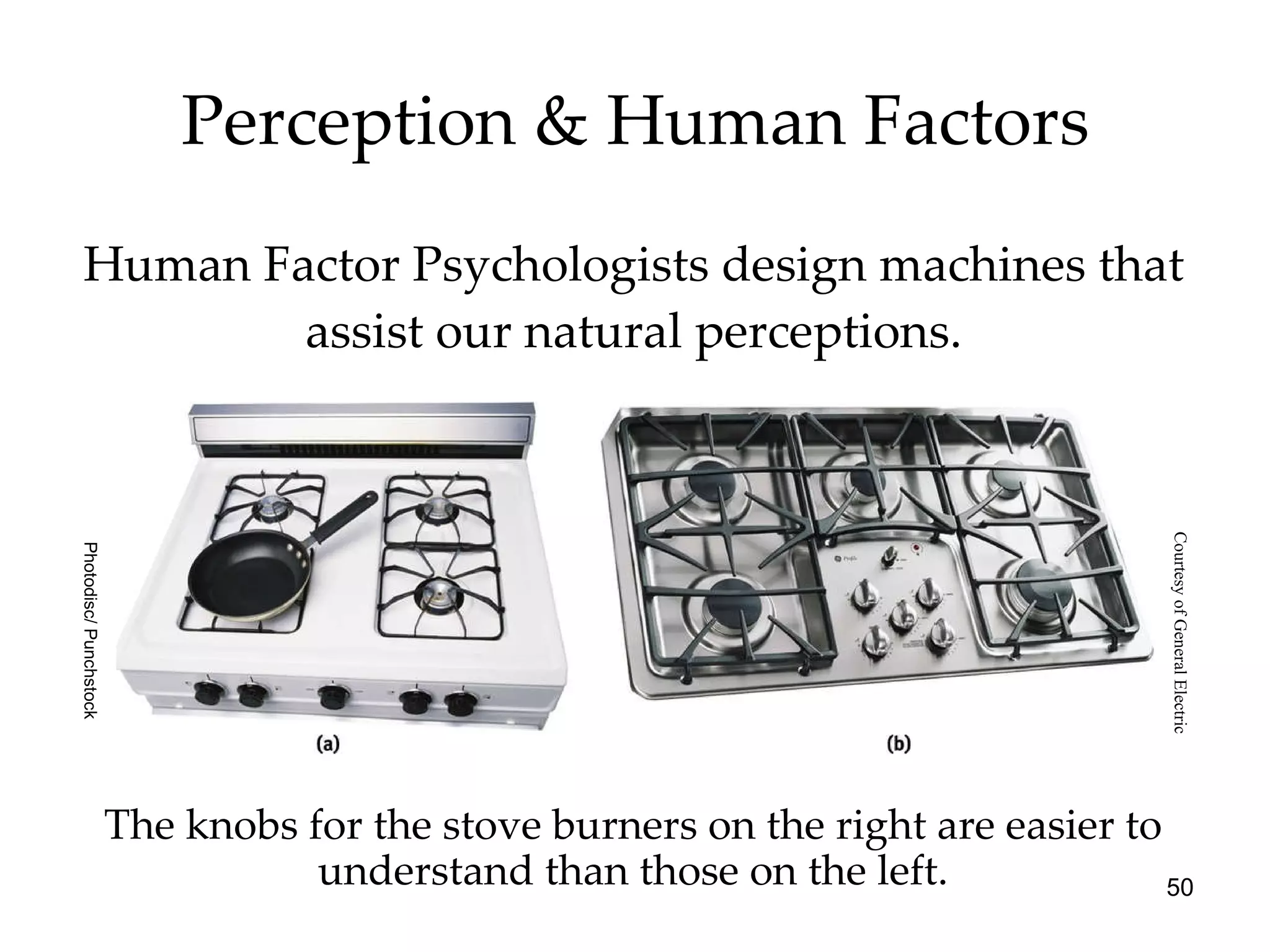 Perception & Human Factors Human Factor Psychologists design machines that assist our natural perceptions. The knobs for the stove burners on the right are easier to understand than those on the left. Photodisc/ Punchstock Courtesy of General Electric 