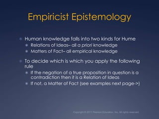 Copyright © 2011 Pearson Education, Inc. All rights reserved.Empiricist EpistemologyHuman knowledge falls into two kinds for HumeRelations of Ideas– all a priori knowledgeMatters of Fact– all empirical knowledgeTo decide which is which you apply the following ruleIf the negation of a true proposition in question is a contradiction then it is a Relation of IdeasIf not, a Matter of Fact (see examples next page->)