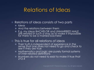 Copyright © 2011 Pearson Education, Inc. All rights reserved.Relations of IdeasRelations of ideas consists of two partsIdeasAnd the relations between themE.g. my ideas BACHELOR and UNMARRIED MALE are related in such a way as to make it impossible for there to be a married bachelorThis is true for all relations of ideasTheir truth is independent of experience in the sense that one does not need to go and check to see if they are trueMathematics and logic are purely formal systems of inter-related definitionsNumbers do not need to exist to make it true that 2+2-4