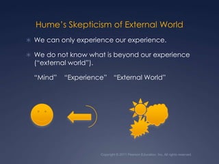 Hume’s Skepticism of External WorldWe can only experience our experience. We do not know what is beyond our experience (“external world”).	“Mind”    “Experience”	“External World”Copyright © 2011 Pearson Education, Inc. All rights reserved.