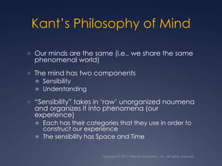 Copyright © 2011 Pearson Education, Inc. All rights reserved.Kant’s Philosophy of MindOur minds are the same (i.e., we share the same phenomenal world)The mind has two componentsSensibilityUnderstanding“Sensibility” takes in ‘raw’ unorganized noumena and organizes it into phenomena (our experience)Each has their categories that they use in order to construct our experienceThe sensibility has Space and Time 