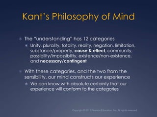 Copyright © 2011 Pearson Education, Inc. All rights reserved.Kant’s Philosophy of MindThe “understanding” has 12 categoriesUnity, plurality, totality, reality, negation, limitation, substance/property, cause & effect, community, possibility/impossibility, existence/non-existence, and necessary/contingentWith these categories, and the two from the sensibility, our mind constructs our experienceWe can know with absolute certainty that our experience will conform to the categories