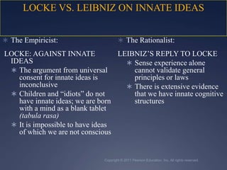 Copyright © 2011 Pearson Education, Inc. All rights reserved.LOCKE VS. LEIBNIZ ON INNATE IDEASThe Empiricist: LOCKE: AGAINST INNATE IDEASThe argument from universal consent for innate ideas is inconclusiveChildren and “idiots” do not have innate ideas; we are born with a mind as a blank tablet (tabula rasa)It is impossible to have ideas of which we are not consciousThe Rationalist:LEIBNIZ’S REPLY TO LOCKESense experience alone cannot validate general principles or lawsThere is extensive evidence that we have innate cognitive structures