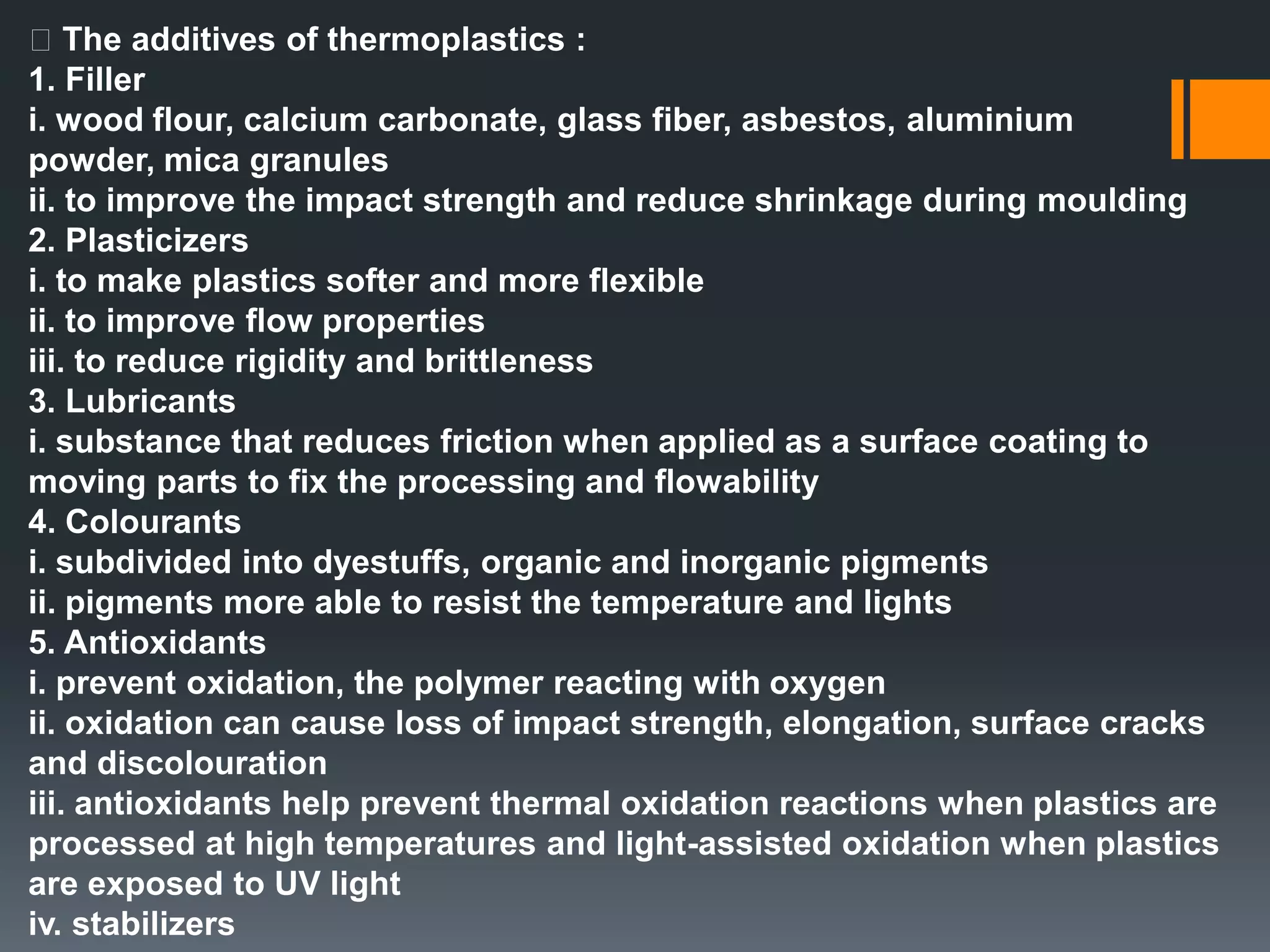 5. Copolymer : consist of polymer chains made up of two or more chemically different repeating units which can be in different sequences.Linear polymer M – M – M – MAlternating copolymer M – O – M – O – M – ORandom copolymer O – M – O – O – M – O – MBlock copolymer M – M – M – O – O – O – M6. Amorphous (non-crystalline)a substance having no specific space lattice, the molecules being distributed at random