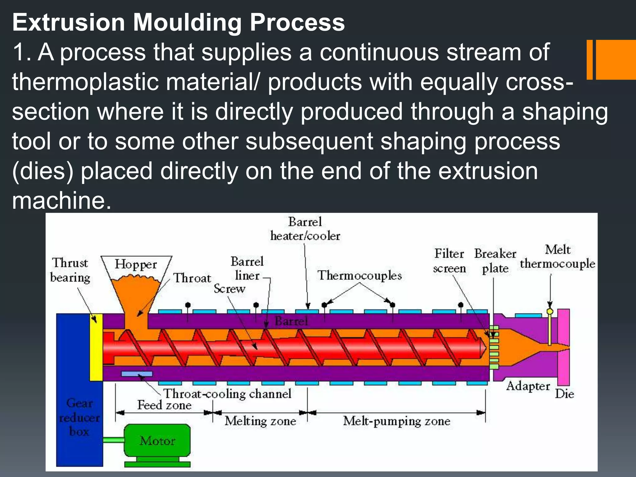 6.7 Differences between Thermoplastic and ThermosettingThe plastic are divided into 2 large groups :	a. Thermoplastics	- group of plastics that can be softened every time 	they are heated	- with no curing (chemical change) takes place 	during the moulding operations	- they then can be reshaped	- e.g. Polyethylene, Nylon, PVC (Polyvinyl Chloride)	b. Thermosetting plastics	- group of plastics that only can be heated and 	formed only once	- undergo chemical change (curing) during moulding	- can never again be softened by heating	- e.g. Epoxy, Polyesters