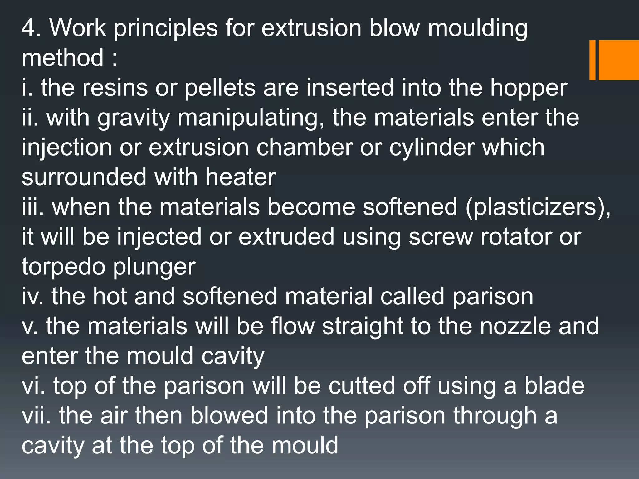 The monomer linear chains structure of thermoplastics :M – M – M – M – M – MM – M – M – M – M – MM – M – M – M – M – M M is molecule or monomerWhen heated, the chains will move separately and took place to a new position and maintain to that position after the heat and pressure removed The additives of thermoplastics :1. Filleri. wood flour, calcium carbonate, glass fiber, asbestos, aluminium powder, mica granulesii. to improve the impact strength and reduce shrinkage during moulding2. Plasticizersi. to make plastics softer and more flexibleii. to improve flow propertiesiii. to reduce rigidity and brittleness3. Lubricantsi. substance that reduces friction when applied as a surface coating to moving parts to fix the processing and flowability4. Colourantsi. subdivided into dyestuffs, organic and inorganic pigmentsii. pigments more able to resist the temperature and lights5. Antioxidantsi. prevent oxidation, the polymer reacting with oxygenii. oxidation can cause loss of impact strength, elongation, surface cracks and discolourationiii. antioxidants help prevent thermal oxidation reactions when plastics are processed at high temperatures and light-assisted oxidation when plastics are exposed to UV lightiv. stabilizers
