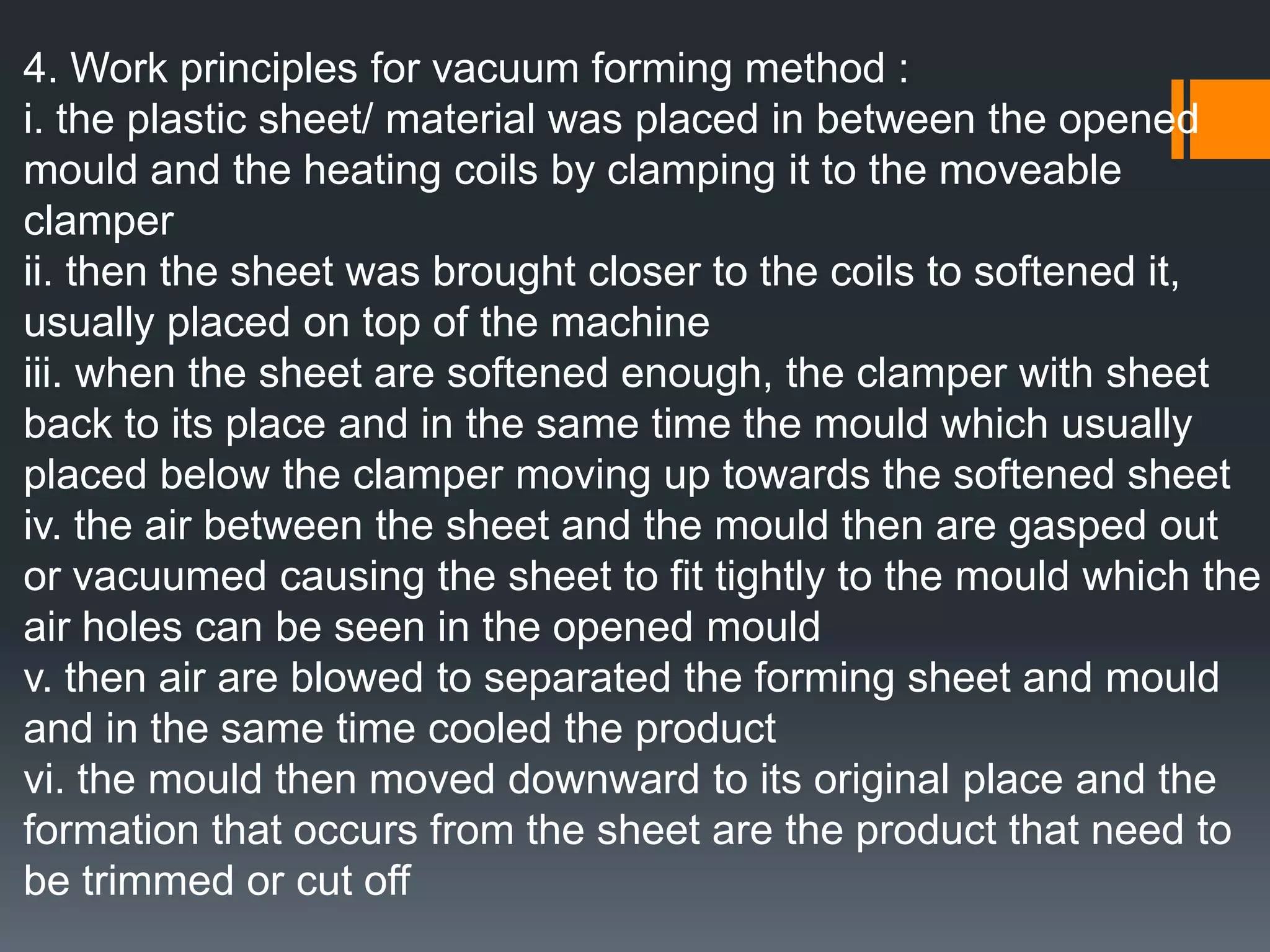 Injection Moulding Process1. The basic concept of injection moulding machine is a heat-softened thermoplastic material is forced by a screw-drive cylinder into a relatively cool mould cavity that gives the plastic the desired shape.2. The mould usually made from tool steels or beryllium cuprum and can be multiple cavities so that more than one component can be injected in every cycle of process.3. It was the fastest process and widely used.4. Figure 5 shows the typical components of injection moulding machine.
