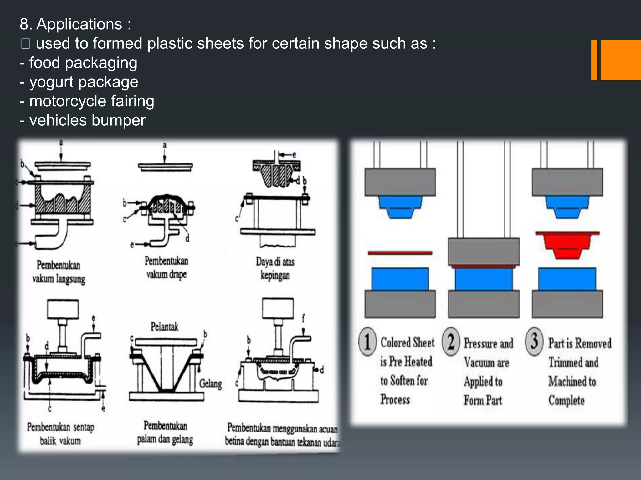 vii. the product will be solidify in the mould cavity under water cooling cycle through the mouldviii. after that, the injector will be pulled back, the mould then opened and the products will be retrieved from the mouldix. the connecting opener will retrieved the product where the ejector pins will ejected the product from the mould