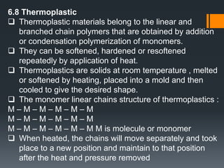 a chemical reaction in which high-molecular-mass molecules are formed from monomers3. Monomer : a single molecule or a small molecule that may become chemically bonded to other monomers to form a polymer.4. Homopolymer : polymeric materials which consist of polymer chains made up of single repeating units.