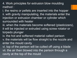 The monomer linear chains structure of thermoplastics :M – M – M – M – M – MM – M – M – M – M – MM – M – M – M – M – M M is molecule or monomerWhen heated, the chains will move separately and took place to a new position and maintain to that position after the heat and pressure removed The additives of thermoplastics :1. Filleri. wood flour, calcium carbonate, glass fiber, asbestos, aluminium powder, mica granulesii. to improve the impact strength and reduce shrinkage during moulding2. Plasticizersi. to make plastics softer and more flexibleii. to improve flow propertiesiii. to reduce rigidity and brittleness3. Lubricantsi. substance that reduces friction when applied as a surface coating to moving parts to fix the processing and flowability4. Colourantsi. subdivided into dyestuffs, organic and inorganic pigmentsii. pigments more able to resist the temperature and lights5. Antioxidantsi. prevent oxidation, the polymer reacting with oxygenii. oxidation can cause loss of impact strength, elongation, surface cracks and discolourationiii. antioxidants help prevent thermal oxidation reactions when plastics are processed at high temperatures and light-assisted oxidation when plastics are exposed to UV lightiv. stabilizers