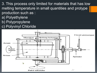 6.12 Factors For Plastics Usages1. Processable and assembleability compared to metalse.g. plastic moulding production- do not need any finishing or tidying process2. Plastics materials are cheaper than metalse.g. nylon replacing zinc3. Plastic propertiese.g. insulation, self lubrication, etc4. Plastic-metal composites can be produced to achieve better propertiese.g. plastic-metal reinforcement are good electrical conductors, lightness and easily produced5. Multiple functions in the same timee.g. housing or covers, insulators and self lubricating bearing6.13 Plastic Manufacturing ProcessIn plastic products manufacturing process, varies of machines used depends upon the shape products and types of resins used.