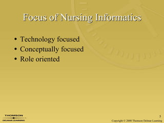 Focus of Nursing Informatics Technology focused Conceptually focused Role oriented  