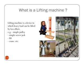 What is a Lifting machine ?

    Lifting machine is a device in
    which heavy load can be lifted
    by less effort.
    e.g. - simple pulley
    - simple screw jack
    - lift
    - crane. etc.




6 - 11
 