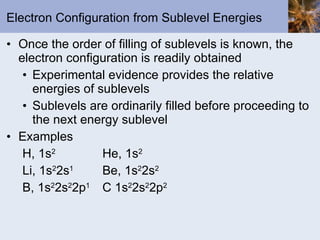 Electron Configuration from Sublevel Energies Once the order of filling of sublevels is known, the electron configuration is readily obtained Experimental evidence provides the relative energies of sublevels Sublevels are ordinarily filled before proceeding to the next energy sublevel Examples H, 1s 2 He, 1s 2 Li, 1s 2 2s 1 Be, 1s 2 2s 2 B, 1s 2 2s 2 2p 1 C 1s 2 2s 2 2p 2 
