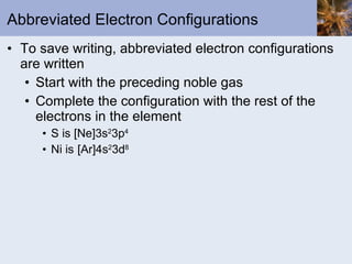 Abbreviated Electron Configurations To save writing, abbreviated electron configurations are written Start with the preceding noble gas Complete the configuration with the rest of the electrons in the element S is [Ne]3s 2 3p 4 Ni is [Ar]4s 2 3d 8 