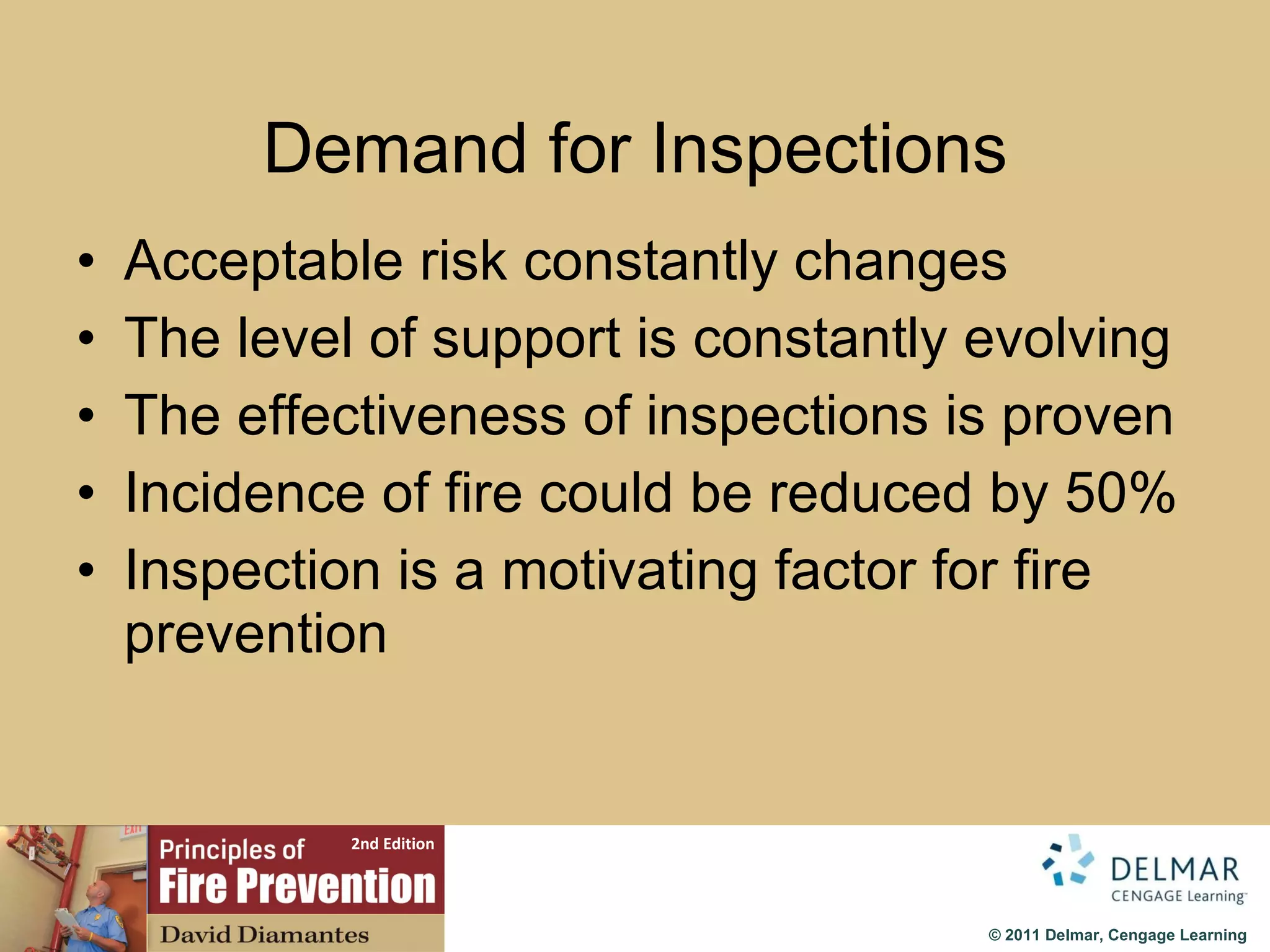 Demand for Inspections Acceptable risk constantly changes The level of support is constantly evolving The effectiveness of inspections is proven Incidence of fire could be reduced by 50% Inspection is a motivating factor for fire prevention 
