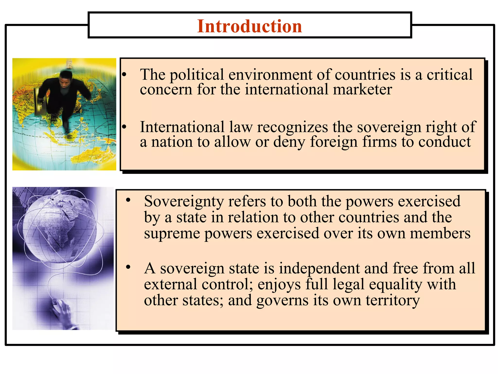 The political environment of countries is a critical concern for the international marketer International law recognizes the sovereign right of a nation to allow or deny foreign firms to conduct Introduction Sovereignty refers to both the powers exercised by a state in relation to other countries and the supreme powers exercised over its own members A sovereign state is independent and free from all external control; enjoys full legal equality with other states; and governs its own territory 