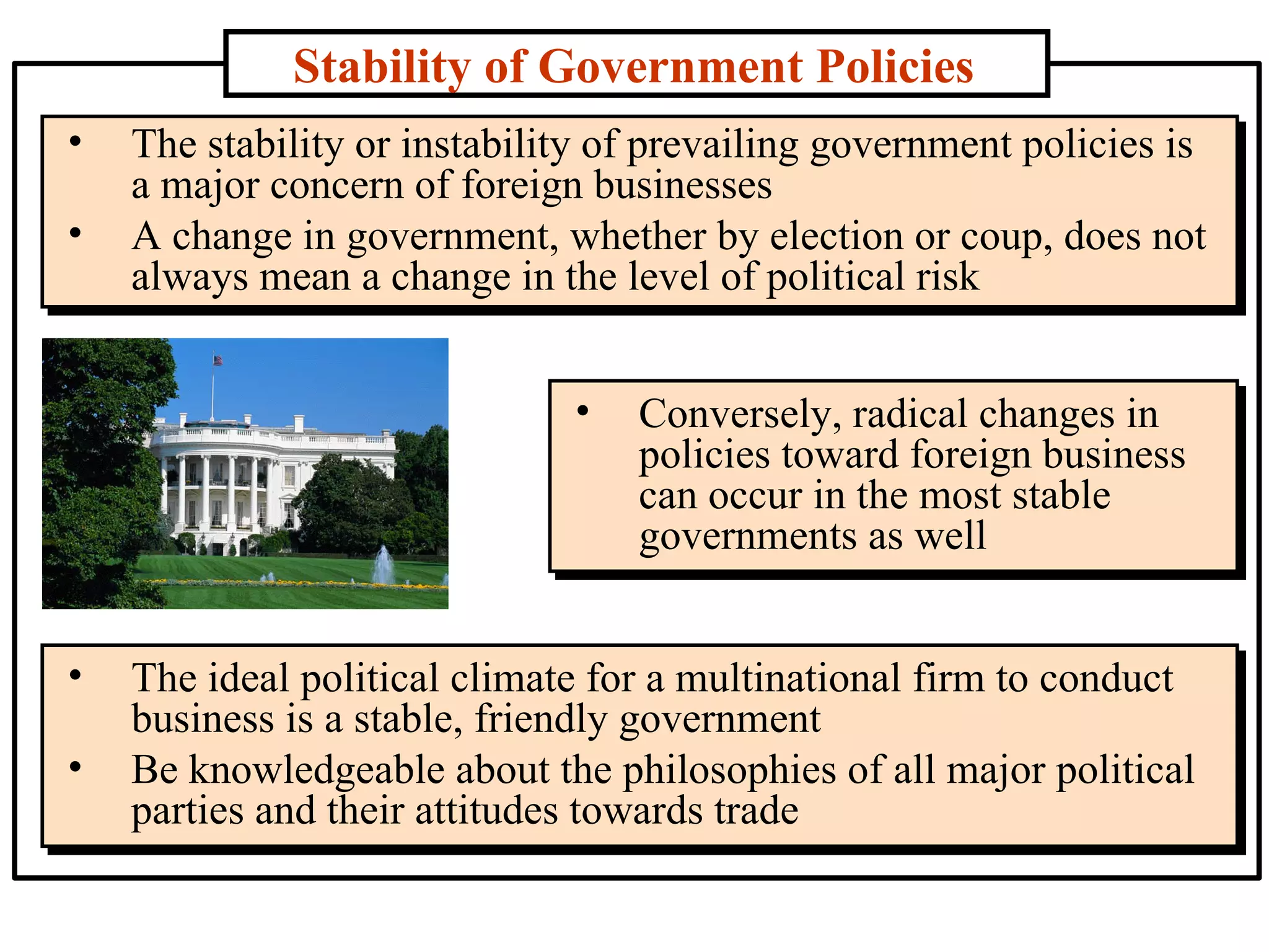 Stability of Government Policies The stability or instability of prevailing government policies is a major concern of foreign businesses  A change in government, whether by election or coup, does not always mean a change in the level of political risk  The ideal political climate for a multinational firm to conduct business is a stable, friendly government  Be knowledgeable about the philosophies of all major political parties and their attitudes towards trade  Conversely, radical changes in policies toward foreign business can occur in the most stable governments as well  