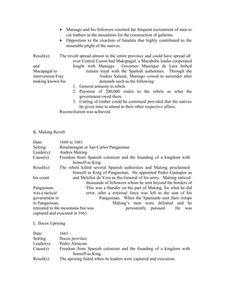 •      Maniago and his followers resented the frequent recruitment of men to
                     cut timbers in the mountains for the construction of galleons.
              •      Opposition to the exaction of bandala that highly contributed to the
                     miserable plight of the natives.

Result(s):     The revolt spread almost in the entire province and could have spread all
                      over Central Luzon had Makapagal; a Macabebe leader cooperated
and                   fought with Maniago. Governor Manrique de Lara bribed
Macapagal to                  remain loyal with the Spanish authorities. Through the
intervention Fray                    Andres Salazar, Maniago vowed to surrender after
making known his                     demands such as the following:
                      1. General amnesty to rebels
                      2. Payment of 200,000 reales to the rebels as what the
                          government owed them.
                      3. Cutting of timber could be continued provided that the natives
                          be given time to attend to their other respective affairs.
               Reconciliation was achieved.



K. Malong Revolt

Date:           1660 to 1661
Setting:        Binalatongan or San Carlos Pangasinan
Leader(s):      Andres Malong
Cause(s):       Freedom from Spanish colonizer and the founding of a kingdom with
                       himself as King.
Result(s):      The rebels killed several Spanish authorities and Malong proclaimed
                       himself as King of Pangasinan. He appointed Pedro Gumapos as
his count              and Melchor de Vera as the General of his army. Malong enticed
                              thousands of followers whom he sent beyond the borders of
Pangasinan.                   This was a blunder on the part of Malong, for what he did
was a tactical                error, after a minimal force was left to the seat of his
government in                         Pangasinan. When the Spaniards sent their troops
to Pangasinan,                               Malong’s men were defeated and he
retreated to the mountains but was                  persistently pursued.     He was
captured and executed in 1661.

L. Ilocos Uprising

Date:         1661
Setting:      Ilocos province
Leader(s):    Pedro Almazan
Cause(s):     Freedom from Spanish colonizer and the founding of a kingdom with
                      himself as King
Result(s):    The uprising failed when its leaders were captured and execution.
 