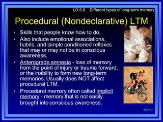 Procedural (Nondeclarative) LTM Skills that people know how to do. Also include emotional associations, habits, and simple conditioned reflexes that may or may not be in conscious awareness. Anterograde amnesia  - loss of memory from the point of injury or trauma forward, or the inability to form new long-term memories. Usually does NOT affect procedural LTM. Procedural memory often called  implicit memory  - memory that is not easily brought into conscious awareness . LO 6.6  Different types of long-term memory Menu 