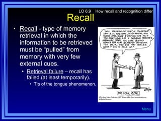 Recall Recall  - type of memory retrieval in which the information to be retrieved must be “pulled” from memory with very few external cues. Retrieval failure  – recall has failed (at least temporarily). Tip of the tongue phenomenon. LO 6.9  How recall and recognition differ Menu 