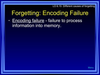 Forgetting: Encoding Failure Encoding failure  - failure to process information into memory. LO 6.15  Different causes of forgetting Menu 