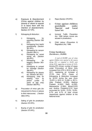 e)   Exposure & Abandonment                   j)      Rape (Section 376 IPC)
     (Crime against children by
     parents or others to expose              2.      Crime against children
     or to leave them with the                        punishable      under
     intention of abandonment):                       ‘Special   and   Local
     Section 317 IPC.                                 Laws’ are:

f)   Kidnapping & Abduction:                  a)      Immoral Traffic Prevention
                                                      Act, 1956 (where minors are
     i)      Kidnapping           for                 abused in prostitution).
             exporting (Section 360
             IPC).                            b)      Child Labour (Prevention &
     ii)     Kidnapping from lawful                   Regulation) Act, 1986.
             guardianship (Section
             361 IPC).
     iii)    Kidnapping for ransom
             (Section 364 A ).                Crime Incidence
     iv)     Kidnapping for camel             (Incidence…33,098)
             racing etc. (Section
             363 IPC).                                 A total of 33,098 cases of crimes
     v)      Kidnapping           for         against Children were reported in the country
             begging (Section 363-            during 2011 as compared to 26,694 cases
             A IPC).                          during 2010, suggesting an increase of 24.0%.
     vi)     Kidnapping to compel             Among IPC crimes, number of cases
             for marriage (Section            under Procuration of Minor Girls
             366 IPC).                        increased from 679 in 2010 to 862 in
     vii)    Kidnapping for slavery           2011, registering an increase of
             etc. (Section 367 IPC).          27.0% over 2010. Cases of
     viii)   Kidnapping child for             Kidnapping & Abduction increased
             stealing     from     its        by 34.2% during the year (from
             person     (under    10          10,670 in 2010 to 15,284 in 2011).
             years of age only)               Uttar Pradesh (5,500), Madhya
             (Section 369 IPC).               Pradesh (4,383), Delhi (4,250),
                                              Maharashtra (3,362), Bihar(2,233)
g)   Procuration of minor girls (for          and Andhra Pradesh(2,213) have
     inducement to force or seduce            accounted for 16.6%, 13.2%, 12.8%,
                                              6.7% and 6.7% of total crimes
     to illicit intercourse) ( Section
                                              respectively against children at the
     366-A IPC).                              National level.

h)   Selling of girls for prostitution
     (Section 372 IPC).

i)   Buying of girls for prostitution
     (Section 373 IPC).
                                         91
 