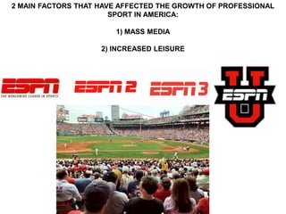 2 MAIN FACTORS THAT HAVE AFFECTED THE GROWTH OF PROFESSIONAL
                       SPORT IN AMERICA:

                       1) MASS MEDIA

                    2) INCREASED LEISURE
 