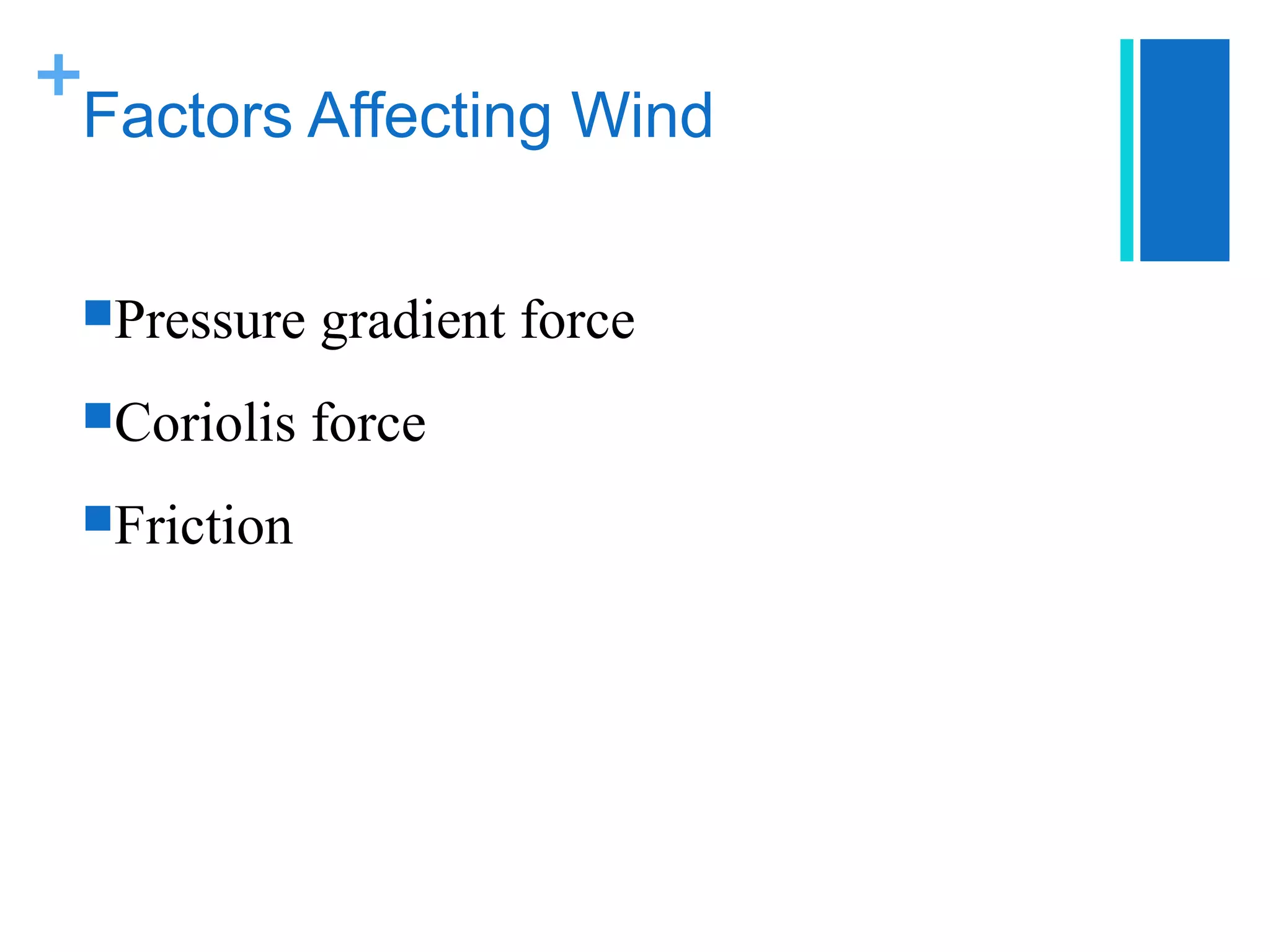 +
 Factors Affecting Wind


 Pressure   gradient force
 Coriolis   force
 Friction
 