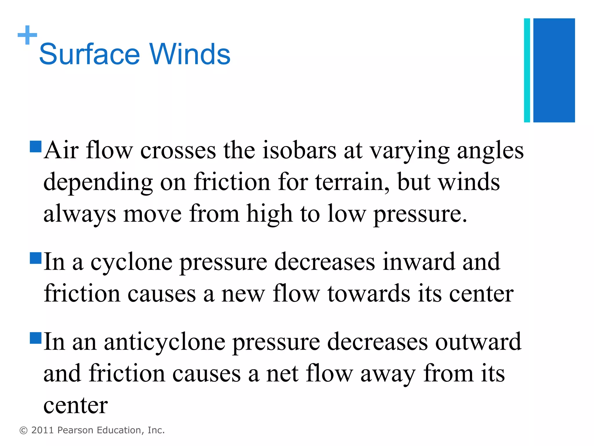 +
 Surface Winds


 Air  flow crosses the isobars at varying angles
    depending on friction for terrain, but winds
    always move from high to low pressure.
 In   a cyclone pressure decreases inward and
    friction causes a new flow towards its center
 In  an anticyclone pressure decreases outward
    and friction causes a net flow away from its
    center
© 2011 Pearson Education, Inc.
 