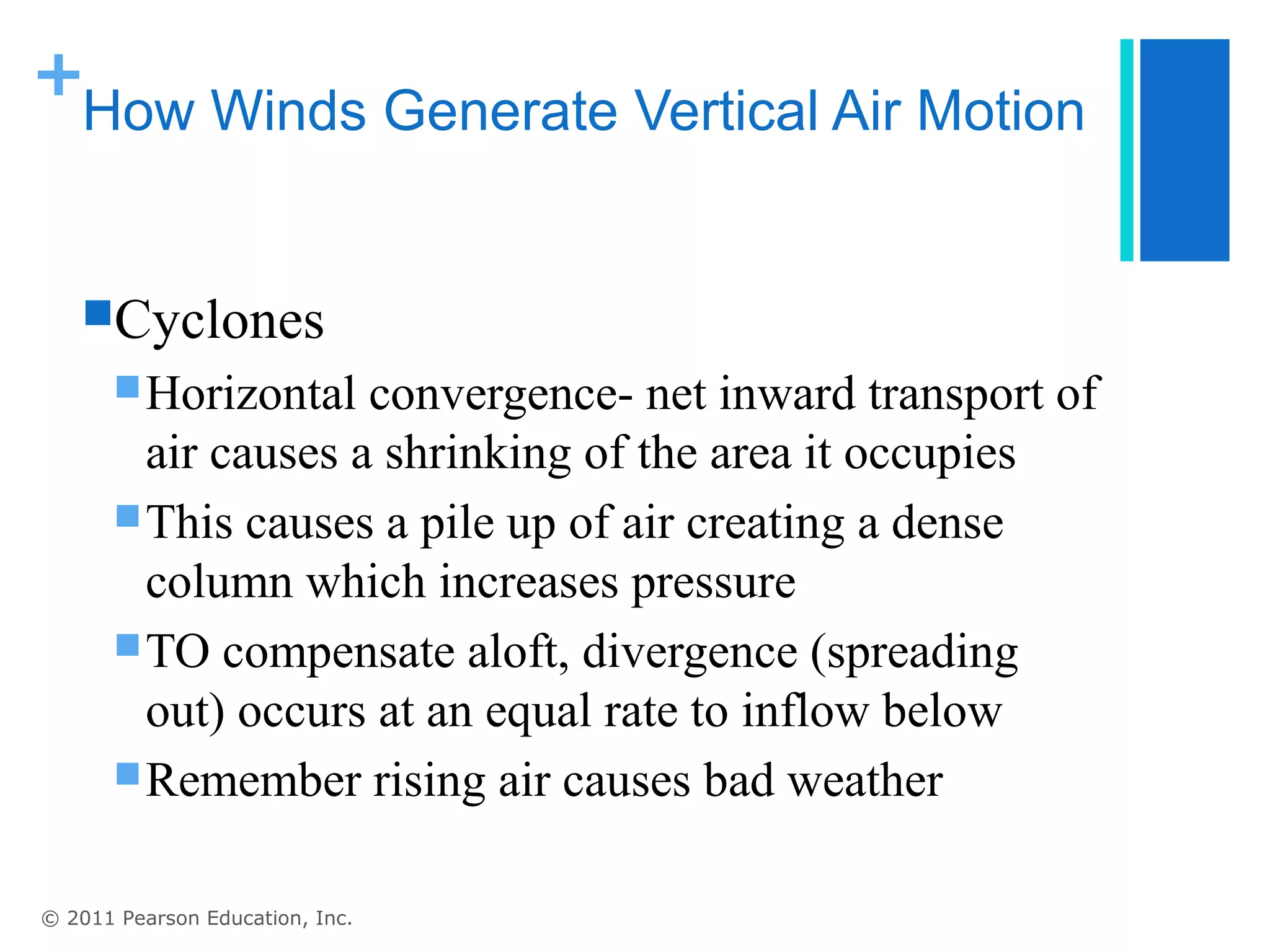 +
   How Winds Generate Vertical Air Motion


   Cyclones
        Horizontal  convergence- net inward transport of
         air causes a shrinking of the area it occupies
        This causes a pile up of air creating a dense
         column which increases pressure
        TO compensate aloft, divergence (spreading
         out) occurs at an equal rate to inflow below
        Remember rising air causes bad weather


© 2011 Pearson Education, Inc.
 