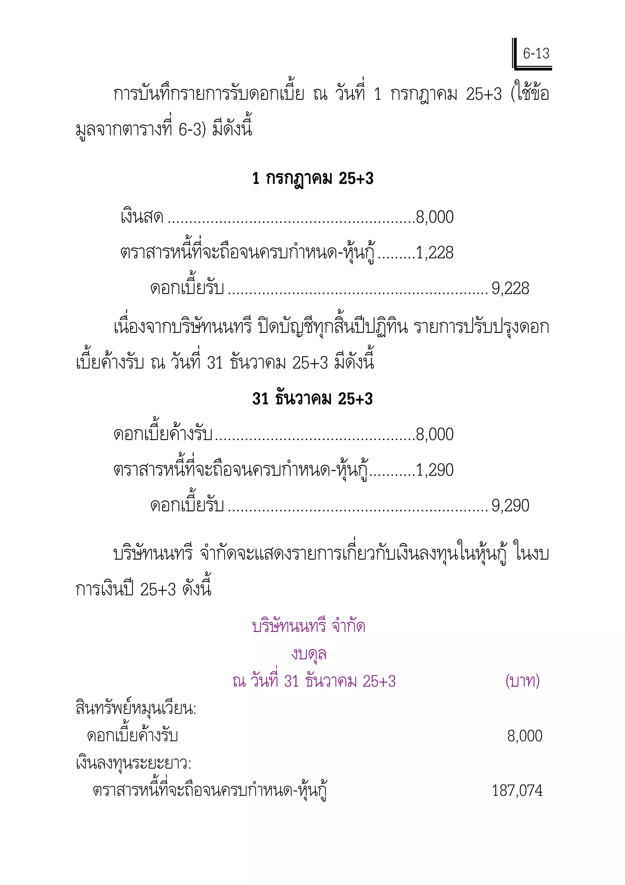 6-13
     การบันทึกรายการรับดอกเบี้ย ณ วันที่ 1 กรกฎาคม 25+3 (ใชขอ
มูลจากตารางที่ 6-3) มีดังนี้
                                   1 กรกฎาคม 25+3
        เงินสด ..........................................................8,000
        ตราสารหนี้ที่จะถือจนครบกําหนด-หุนกู .........1,228
             ดอกเบี้ยรับ .............................................................9,228
       เนืองจากบริษัทนนทรี ปดบัญชีทุกสิ้นปปฏิทิน รายการปรับปรุงดอก
          ่
เบี้ยคางรับ ณ วันที่ 31 ธันวาคม 25+3 มีดังนี้
                                   31 ธันวาคม 25+3
       ดอกเบี้ยคางรับ ...............................................8,000
       ตราสารหนี้ที่จะถือจนครบกําหนด-หุนกู...........1,290
             ดอกเบี้ยรับ .............................................................9,290
      บริษทนนทรี จํากัดจะแสดงรายการเกี่ยวกับเงินลงทุนในหุนกู ในงบ
          ั
การเงินป 25+3 ดังนี้
                                บริษัทนนทรี จํากัด
                                        งบดุล
                              ณ วันที่ 31 ธันวาคม 25+3                            (บาท)
สินทรัพยหมุนเวียน:
  ดอกเบี้ยคางรับ                                                                 8,000
เงินลงทุนระยะยาว:
    ตราสารหนี้ที่จะถือจนครบกําหนด-หุนกู                                      187,074
 