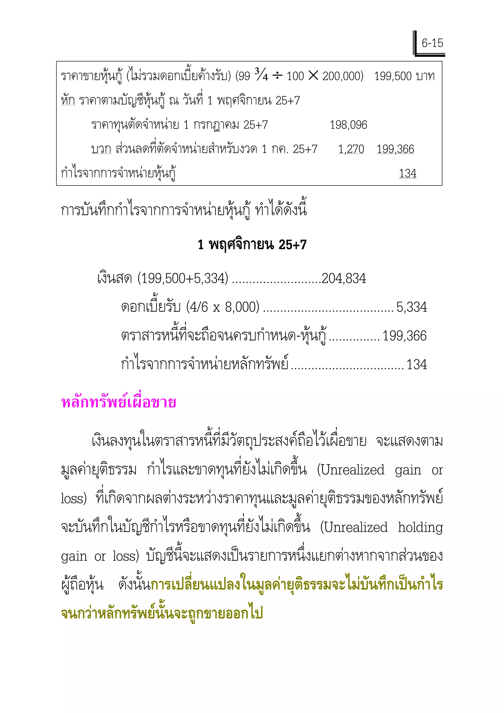 6-15
ราคาขายหุนกู (ไมรวมดอกเบี้ยคางรับ) (99 ¾ ÷ 100 × 200,000) 199,500 บาท
หัก ราคาตามบัญชีหุนกู ณ วันที่ 1 พฤศจิกายน 25+7
       ราคาทุนตัดจําหนาย 1 กรกฎาคม 25+7              198,096
       บวก สวนลดที่ตัดจําหนายสําหรับงวด 1 กค. 25+7 1,270 199,366
กําไรจากการจําหนายหุนกู                                         134

การบันทึกกําไรจากการจําหนายหุนกู ทําไดดังนี้
                             1 พฤศจิกายน 25+7
       เงินสด (199,500+5,334) ..........................204,834
            ดอกเบี้ยรับ (4/6 x 8,000) ......................................5,334
            ตราสารหนี้ที่จะถือจนครบกําหนด-หุนกู ............... 199,366
            กําไรจากการจําหนายหลักทรัพย .................................134
หลักทรัพยเผื่อขาย
       เงินลงทุนในตราสารหนี้ที่มีวัตถุประสงคถือไวเผื่อขาย จะแสดงตาม
มูลคายุติธรรม กําไรและขาดทุนที่ยังไมเกิดขึ้น (Unrealized gain or
loss) ที่เกิดจากผลตางระหวางราคาทุนและมูลคายุติธรรมของหลักทรัพย
จะบันทึกในบัญชีกําไรหรือขาดทุนที่ยังไมเกิดขึ้น (Unrealized holding
gain or loss) บัญชีนี้จะแสดงเปนรายการหนึ่งแยกตางหากจากสวนของ
ผูถือหุน ดังนั้นการเปลี่ยนแปลงในมูลคายุติธรรมจะไมบันทึกเปนกําไร
จนกวาหลักทรัพยนั้นจะถูกขายออกไป
 
