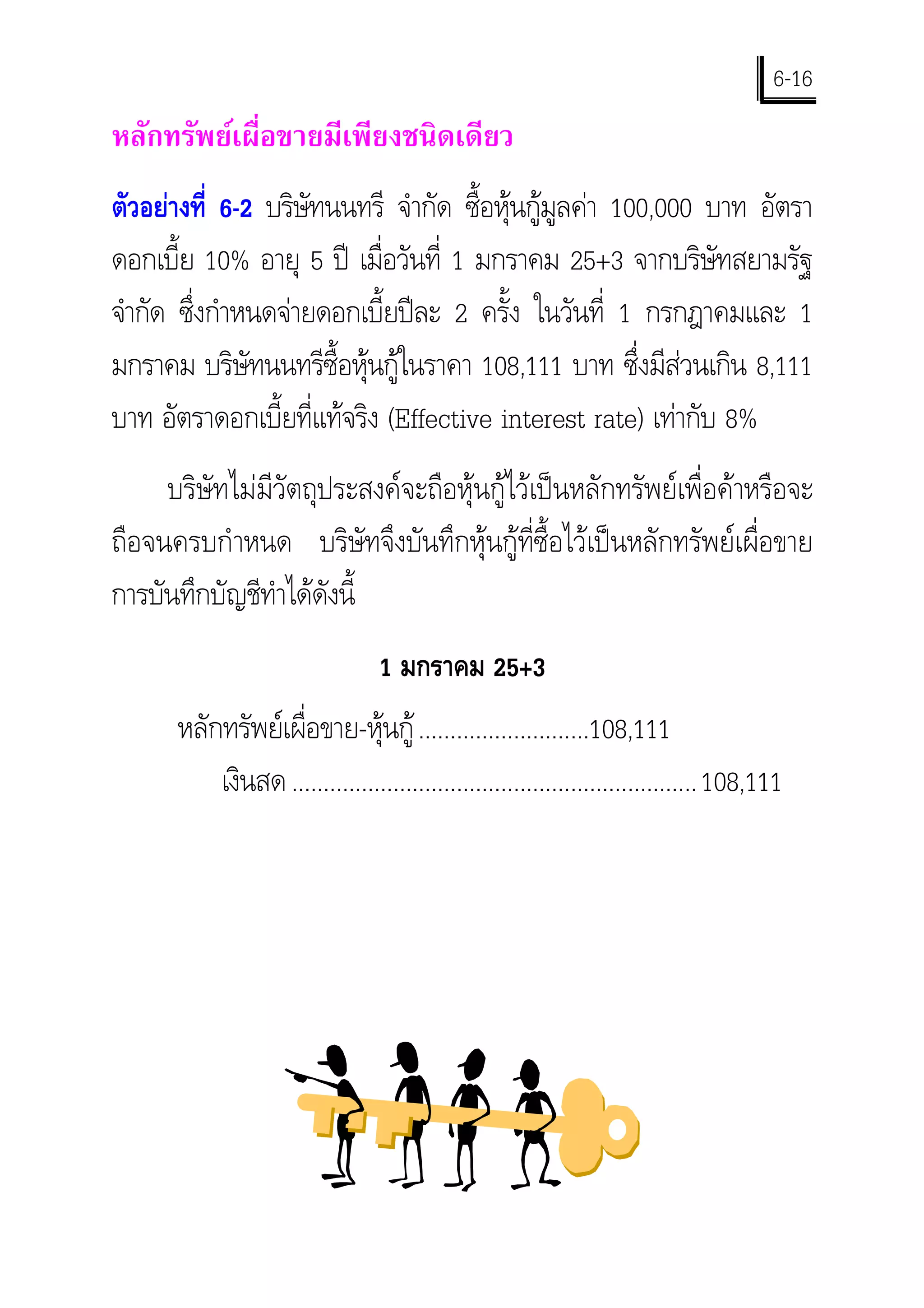 6-16
หลักทรัพยเผื่อขายมีเพียงชนิดเดียว
ตัวอยางที่ 6-2 บริษทนนทรี จํากัด ซื้อหุนกูมูลคา 100,000 บาท อัตรา
                     ั
ดอกเบี้ย 10% อายุ 5 ป เมื่อวันที่ 1 มกราคม 25+3 จากบริษัทสยามรัฐ
จํากัด ซึ่งกําหนดจายดอกเบี้ยปละ 2 ครั้ง ในวันที่ 1 กรกฎาคมและ 1
มกราคม บริษัทนนทรีซื้อหุนกูในราคา 108,111 บาท ซึ่งมีสวนเกิน 8,111
บาท อัตราดอกเบี้ยที่แทจริง (Effective interest rate) เทากับ 8%
     บริษัทไมมีวัตถุประสงคจะถือหุนกูไวเปนหลักทรัพยเพื่อคาหรือจะ
ถือจนครบกําหนด บริษัทจึงบันทึกหุนกูที่ซื้อไวเปนหลักทรัพยเผื่อขาย
การบันทึกบัญชีทําไดดังนี้
                                 1 มกราคม 25+3
      หลักทรัพยเผื่อขาย-หุนกู ...........................108,111
          เงินสด ................................................................ 108,111
 