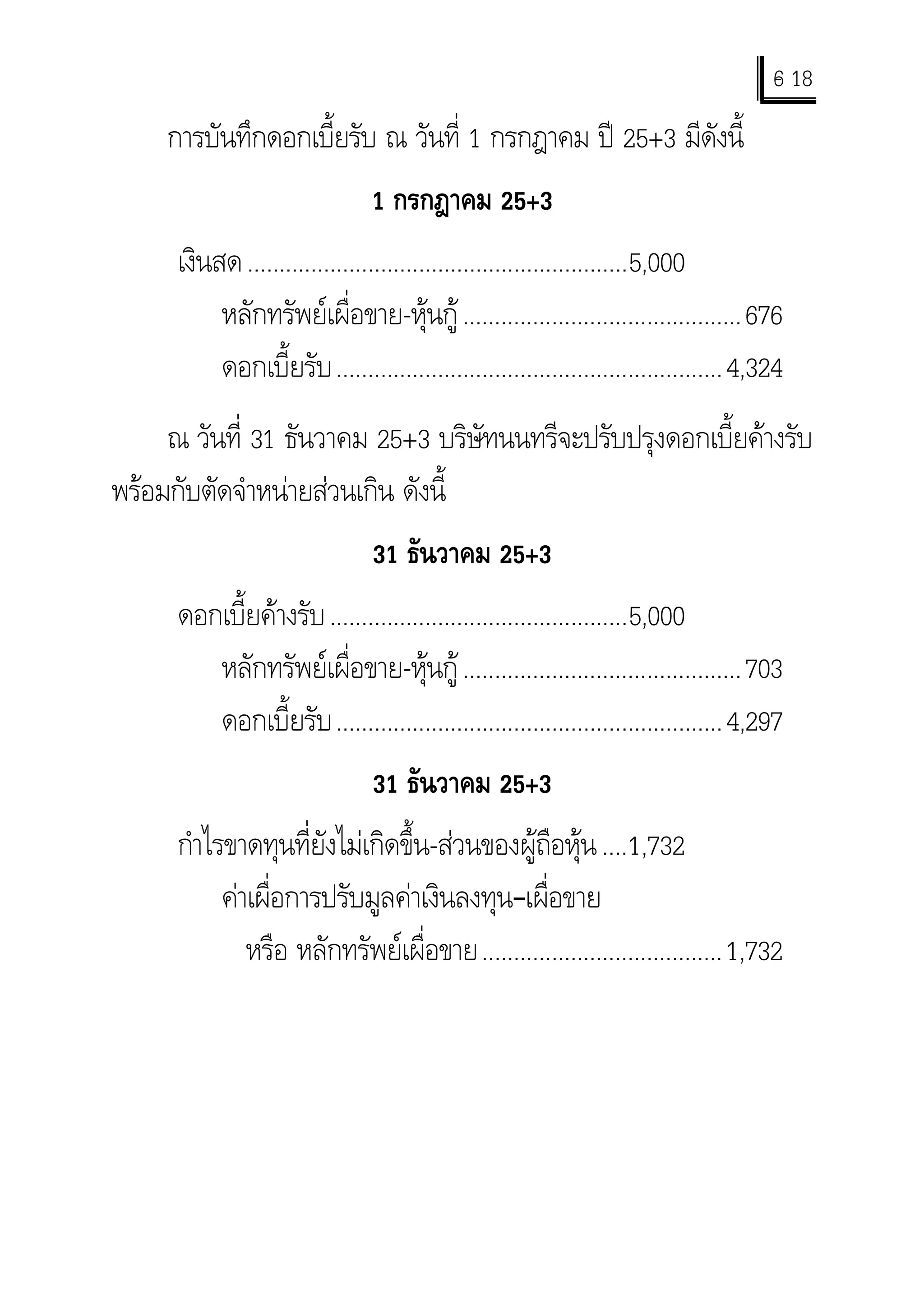 6 18
                                                                                       -
     การบันทึกดอกเบี้ยรับ ณ วันที่ 1 กรกฎาคม ป 25+3 มีดังนี้
                                1 กรกฎาคม 25+3
      เงินสด ............................................................5,000
           หลักทรัพยเผื่อขาย-หุนกู ............................................676
           ดอกเบี้ยรับ .............................................................4,324
     ณ วันที่ 31 ธันวาคม 25+3 บริษัทนนทรีจะปรับปรุงดอกเบี้ยคางรับ
พรอมกับตัดจําหนายสวนเกิน ดังนี้
                                31 ธันวาคม 25+3
      ดอกเบี้ยคางรับ ...............................................5,000
         หลักทรัพยเผื่อขาย-หุนกู ............................................703
         ดอกเบี้ยรับ .............................................................4,297
                                31 ธันวาคม 25+3
      กําไรขาดทุนที่ยังไมเกิดขึ้น-สวนของผูถือหุน ....1,732
           คาเผื่อการปรับมูลคาเงินลงทุน–เผื่อขาย
              หรือ หลักทรัพยเผื่อขาย......................................1,732
 