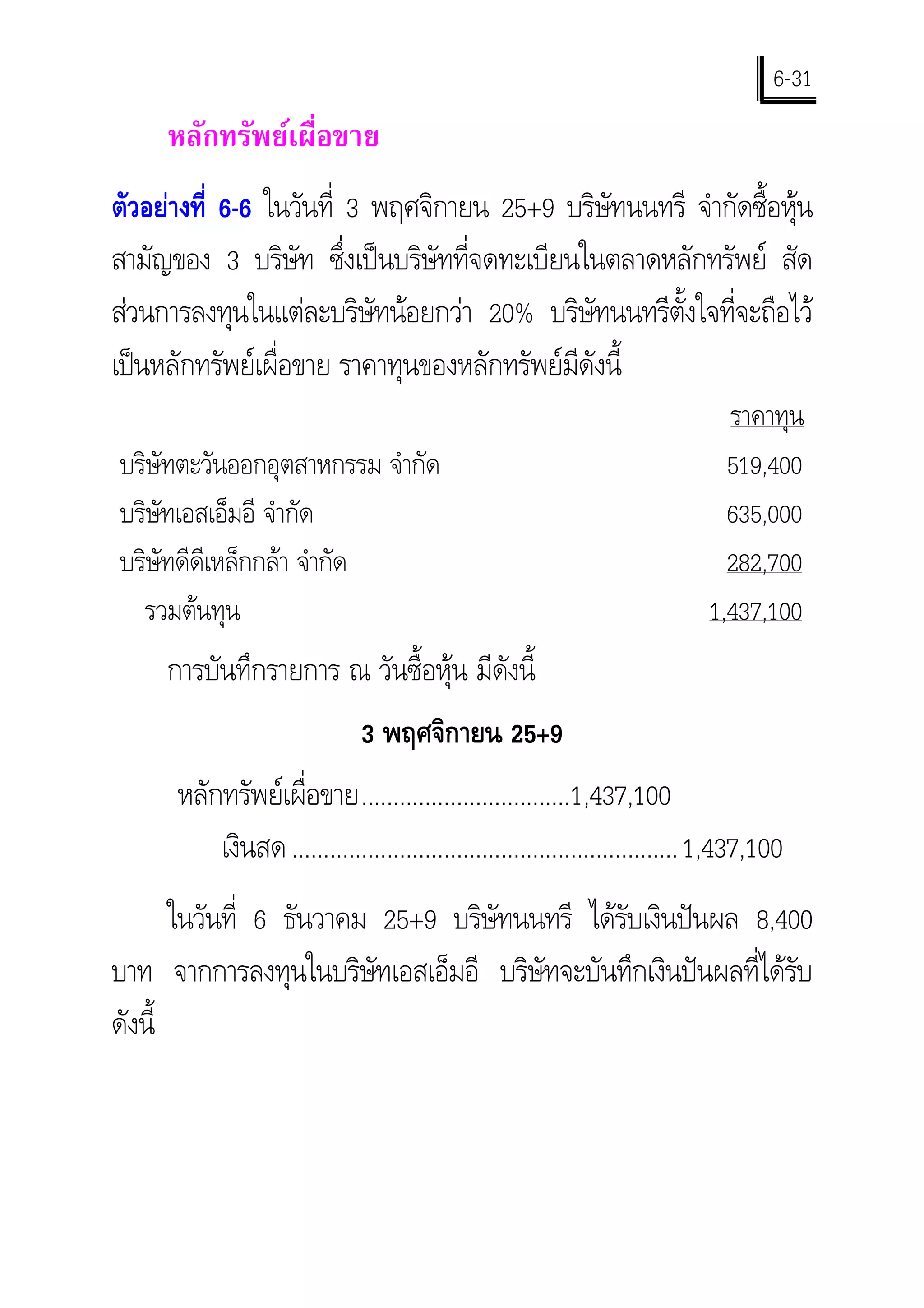 6-31
     หลักทรัพยเผื่อขาย
ตัวอยางที่ 6-6 ในวันที่ 3 พฤศจิกายน 25+9 บริษัทนนทรี จํากัดซื้อหุน
สามัญของ 3 บริษัท ซึ่งเปนบริษัทที่จดทะเบียนในตลาดหลักทรัพย สัด
สวนการลงทุนในแตละบริษัทนอยกวา 20% บริษัทนนทรีตั้งใจที่จะถือไว
เปนหลักทรัพยเผื่อขาย ราคาทุนของหลักทรัพยมีดังนี้
                                                                                ราคาทุน
บริษัทตะวันออกอุตสาหกรรม จํากัด                                                 519,400
บริษัทเอสเอ็มอี จํากัด                                                          635,000
บริษัทดีดีเหล็กกลา จํากัด                                                      282,700
  รวมตนทุน                                                                   1,437,100
     การบันทึกรายการ ณ วันซื้อหุน มีดังนี้
                              3 พฤศจิกายน 25+9
      หลักทรัพยเผื่อขาย.................................1,437,100
          เงินสด ............................................................. 1,437,100
       ในวันที่ 6 ธันวาคม 25+9 บริษัทนนทรี ไดรับเงินปนผล 8,400
บาท จากการลงทุนในบริษัทเอสเอ็มอี บริษัทจะบันทึกเงินปนผลที่ไดรับ
ดังนี้
 