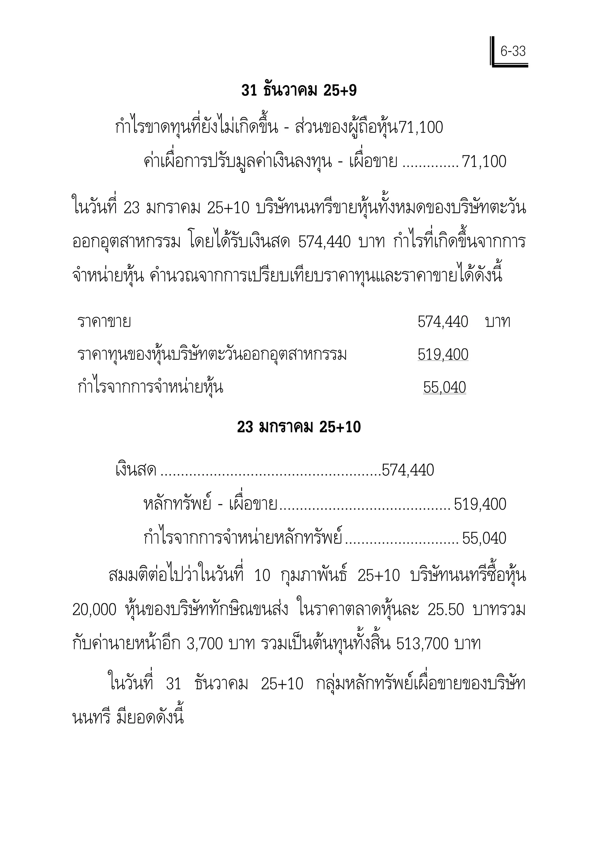 6-33
                            31 ธันวาคม 25+9
       กําไรขาดทุนที่ยังไมเกิดขึ้น - สวนของผูถือหุน 71,100
            คาเผื่อการปรับมูลคาเงินลงทุน - เผื่อขาย .............. 71,100
ในวันที่ 23 มกราคม 25+10 บริษัทนนทรีขายหุนทั้งหมดของบริษัทตะวัน
ออกอุตสาหกรรม โดยไดรับเงินสด 574,440 บาท กําไรที่เกิดขึ้นจากการ
จําหนายหุน คํานวณจากการเปรียบเทียบราคาทุนและราคาขายไดดังนี้
ราคาขาย                                                        574,440 บาท
ราคาทุนของหุนบริษัทตะวันออกอุตสาหกรรม                         519,400
กําไรจากการจําหนายหุน                                         55,040
                              23 มกราคม 25+10
       เงินสด ......................................................574,440
            หลักทรัพย - เผื่อขาย.......................................... 519,400
            กําไรจากการจําหนายหลักทรัพย ............................ 55,040
      สมมติตอไปวาในวันที่ 10 กุมภาพันธ 25+10 บริษัทนนทรีซ้อหุน                ื
20,000 หุนของบริษัททักษิณขนสง ในราคาตลาดหุนละ 25.50 บาทรวม
กับคานายหนาอีก 3,700 บาท รวมเปนตนทุนทั้งสิ้น 513,700 บาท
    ในวันที่ 31 ธันวาคม 25+10 กลุมหลักทรัพยเผื่อขายของบริษัท
นนทรี มียอดดังนี้
 