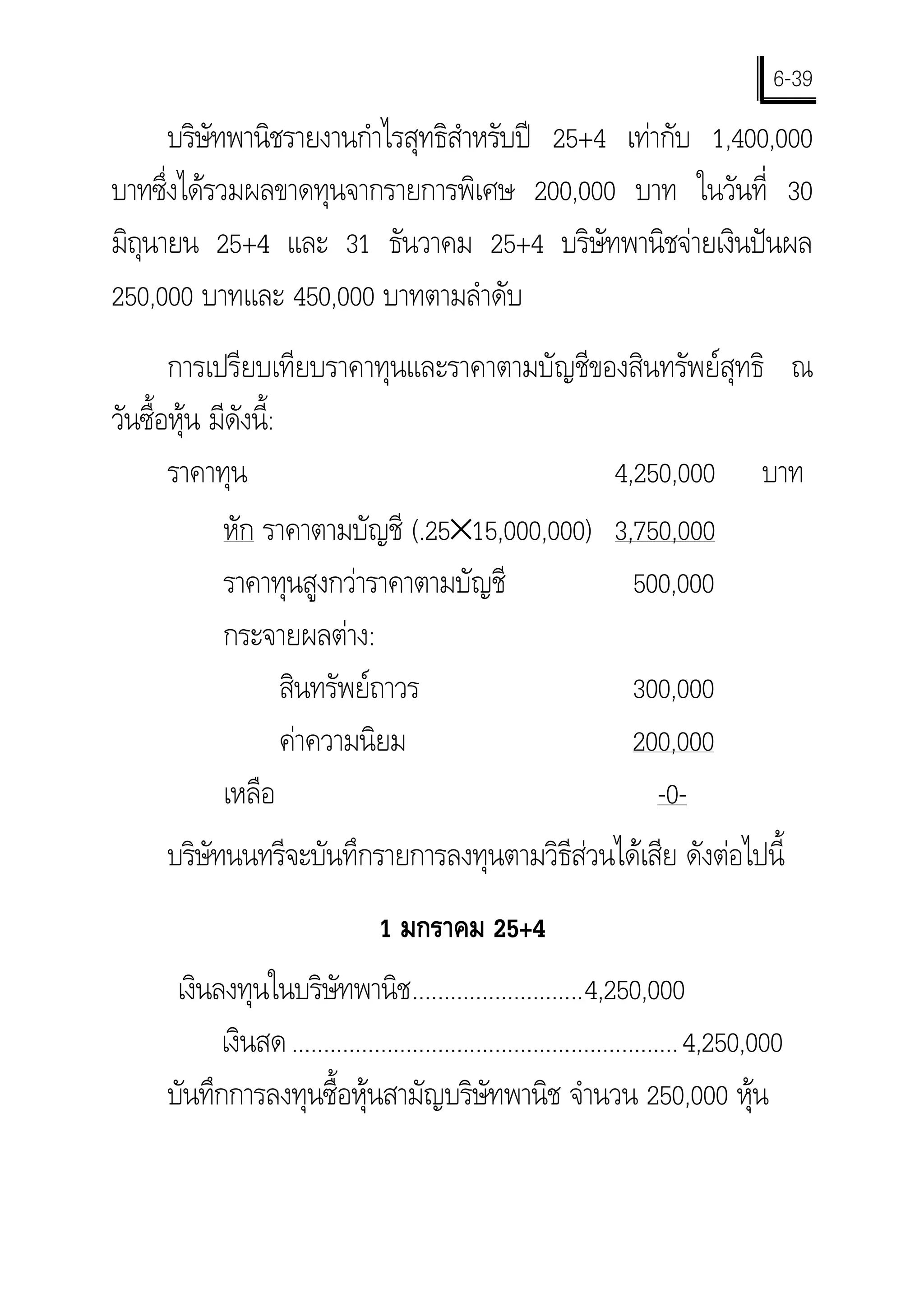 6-39
       บริษทพานิชรายงานกําไรสุทธิสําหรับป 25+4 เทากับ 1,400,000
           ั
บาทซึงไดรวมผลขาดทุนจากรายการพิเศษ 200,000 บาท ในวันที่ 30
     ่
มิถนายน 25+4 และ 31 ธันวาคม 25+4 บริษัทพานิชจายเงินปนผล
   ุ
250,000 บาทและ 450,000 บาทตามลําดับ
       การเปรียบเทียบราคาทุนและราคาตามบัญชีของสินทรัพยสุทธิ ณ
วันซื้อหุน มีดังนี้:
       ราคาทุน                                 4,250,000 บาท
             หัก ราคาตามบัญชี (.25×15,000,000) 3,750,000
             ราคาทุนสูงกวาราคาตามบัญชี          500,000
             กระจายผลตาง:
                      สินทรัพยถาวร              300,000
                      คาความนิยม                200,000
             เหลือ                                 -0-
     บริษทนนทรีจะบันทึกรายการลงทุนตามวิธีสวนไดเสีย ดังตอไปนี้
         ั
                                 1 มกราคม 25+4
      เงินลงทุนในบริษัทพานิช...........................4,250,000
           เงินสด ............................................................. 4,250,000
     บันทึกการลงทุนซื้อหุนสามัญบริษัทพานิช จํานวน 250,000 หุน
 